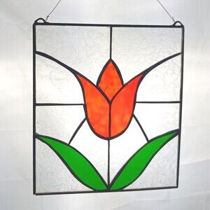 Stained Glass Panel Wall Hanging Window Decor 10 x 9 in Red Tulip Art Glass